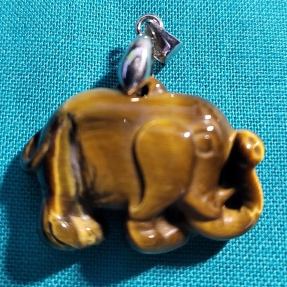 Carved Golden Tiger eye Elephant Sterling Silver Pendant